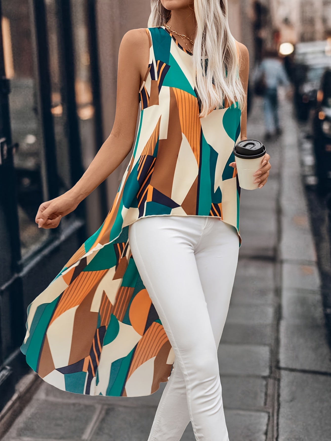 Color Block High-low Tank Top, Casual Crew Neck Sleeveless Top For Spring & Summer, Women's Clothing