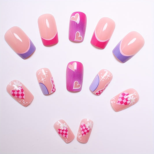 24pcs Set of Glossy Pink French Tip Press-On Nails with Heart & Floral Design - Long Square Shape, Perfect for Women and Girls