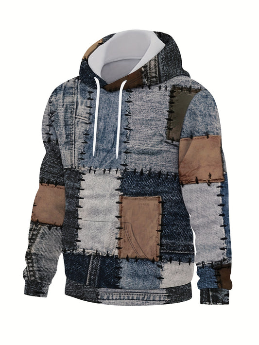 Men's Novelty Hoodie with Unique Patchwork Design, Geometric Print & Kangaroo Pocket - Casual Pullover Sweatshirt