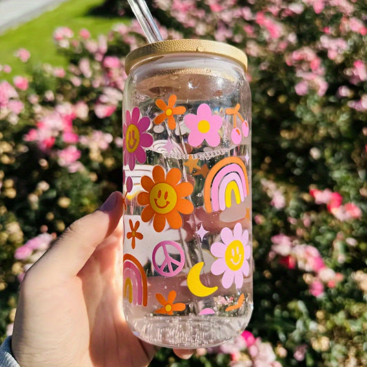 Charming Floral Rainbow Glass Tumbler Set with Lid, Straw & Cleaning Brush - 550ml Vintage Iced Coffee Cup for Tea, Juice, Milk - Perfect Birthday Gift, Leak-Proof, Reusable