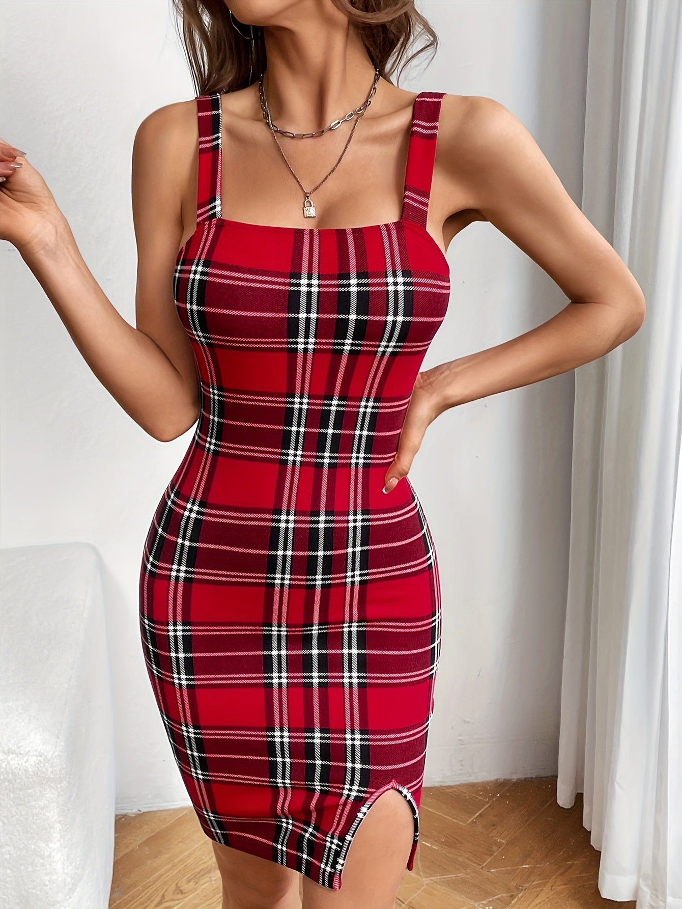 Plaid Print Split Hem Tank Dress, Vintage Sleeveless Dress For Spring & Summer, Women's Clothing