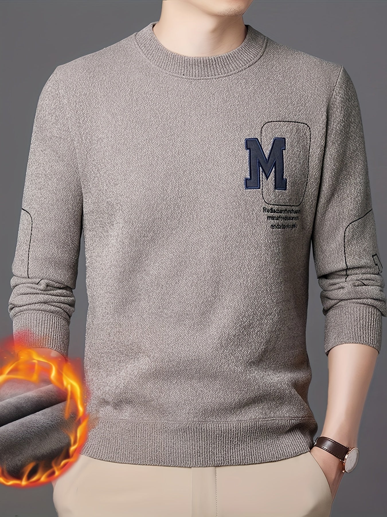 Men's Winter Thickened Sweater with M Letter Pattern, Round Neck, Long Sleeve, Knitted Base Layer, Casual Style, Polyester Fabric, Regular Fit, No Belt, Winter Season, Embroidery Detail, Pullover Style, Regular Shape