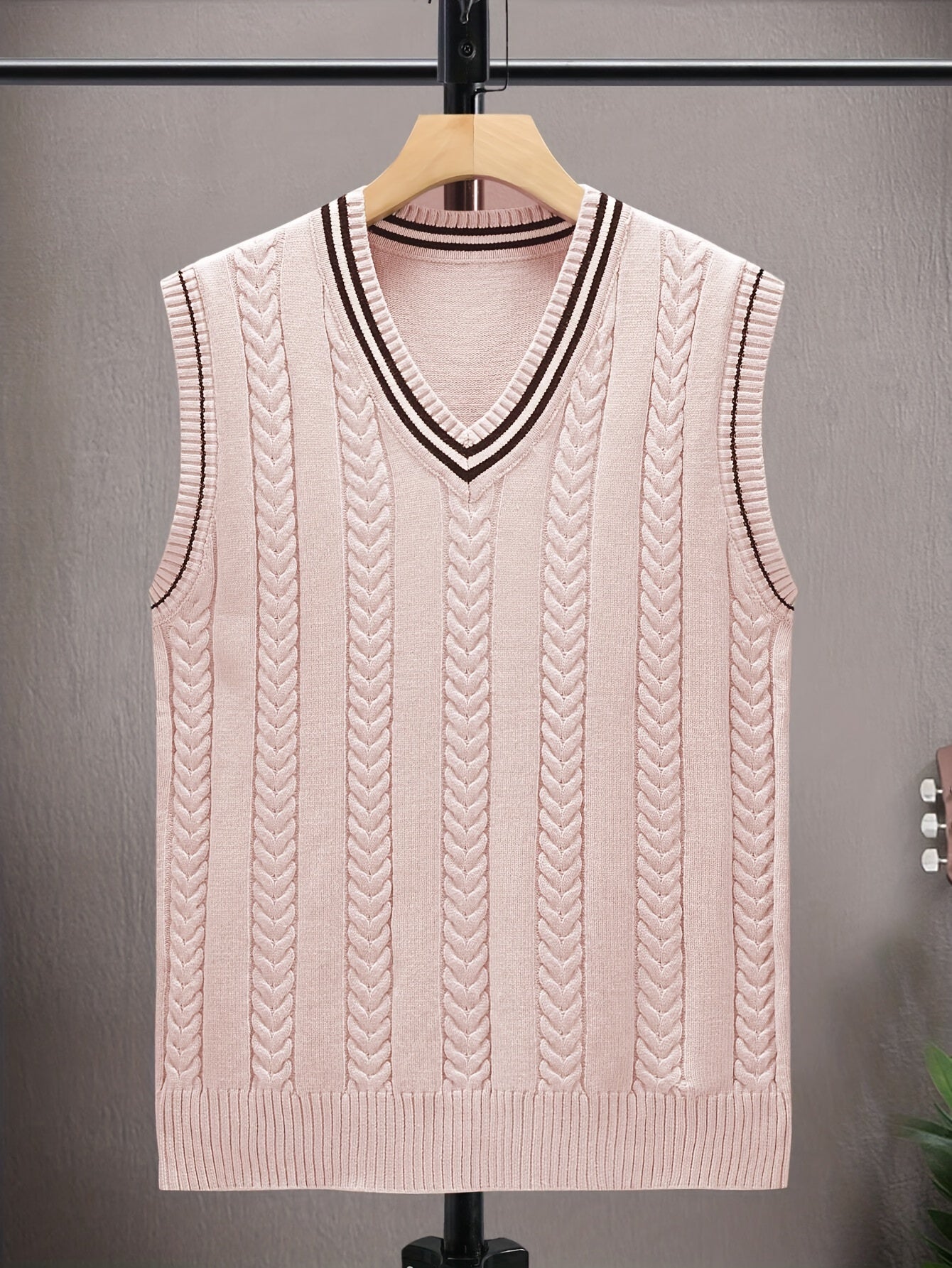 Men's Color Block Striped Knitted Sleeveless Sweater, Casual V Neck High Stretch Vest For Spring Fall Outdoor Activities
