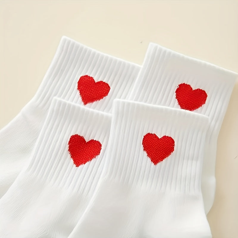 Hearts Pattern 5 Pairs Girl's Short Crew Socks, Breathable Comfy Casual Socks Fashion Socks