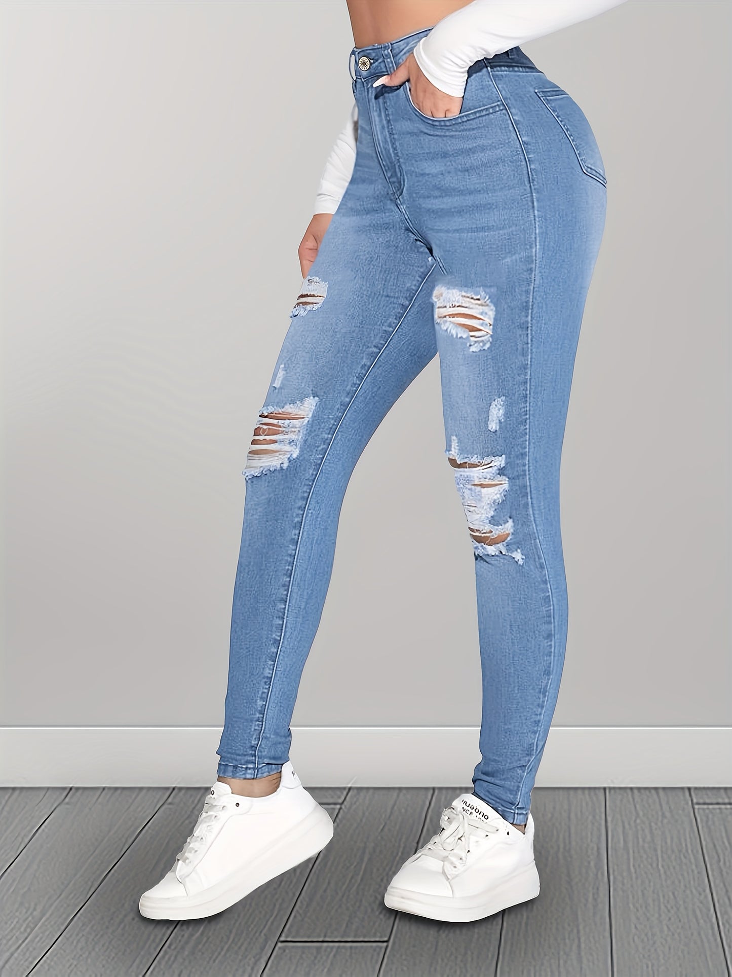 Ripped Holes Washed Skinny Jeans, Slim Fit High Stretch Tight Jeans, Women's Denim Jeans & Clothing