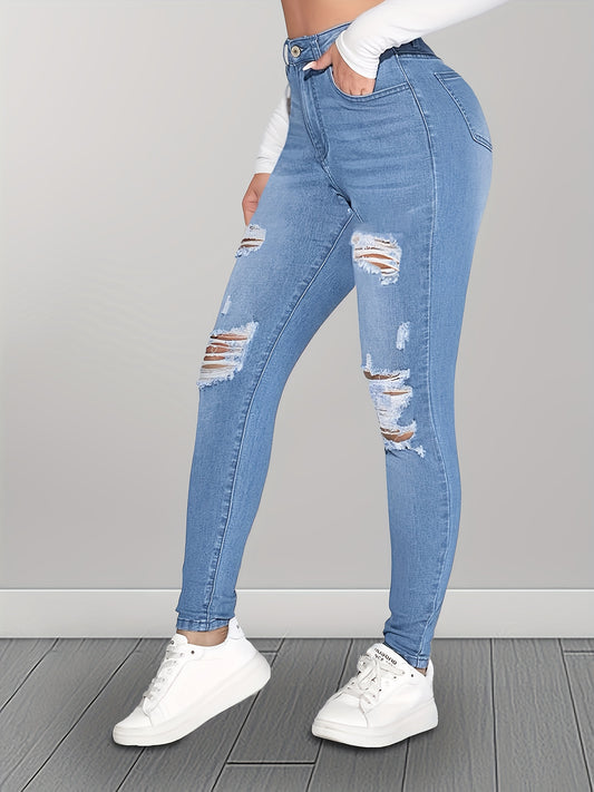 Ripped Holes Washed Skinny Jeans, Slim Fit High Stretch Tight Jeans, Women's Denim Jeans & Clothing
