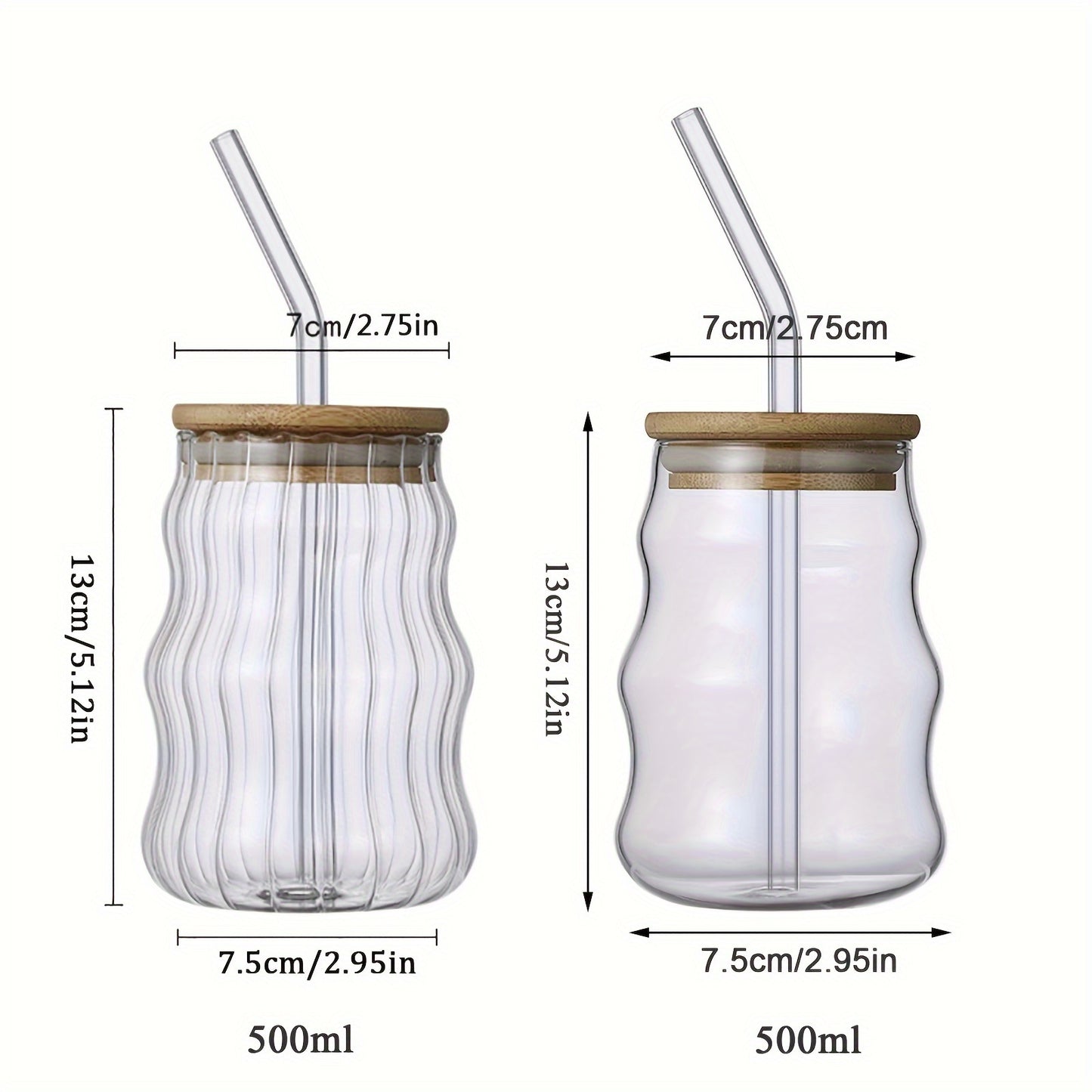 Striped Glass Water Bottle with Bamboo Lid, 500ml - Hand Wash Only, Reusable, BPA-Free Insulated Drinking Jar, Leak Proof, Multipurpose - Set of 1