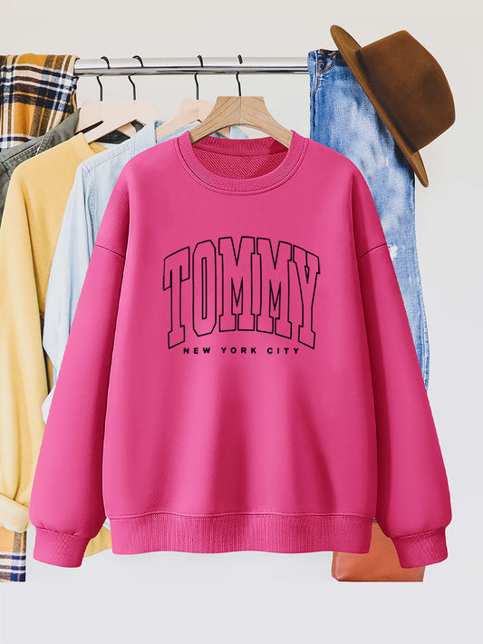 Women'S Tommy New York City Letter Print Sweatshirt, Casual Round Neck Long Sleeve Pullover, Knitted Polyester Fashion Hoodie