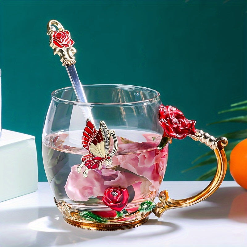 Enchanted Garden 330ML Glass Teacup Set - Hand-Painted Floral and Butterfly Design with Matching Spoon - Elegant Borosilicate Glass Drinkware for Coffee, Tea, Cold Beverages - Ideal for Special Occasions and Holiday Gifts - Hand Wash Only