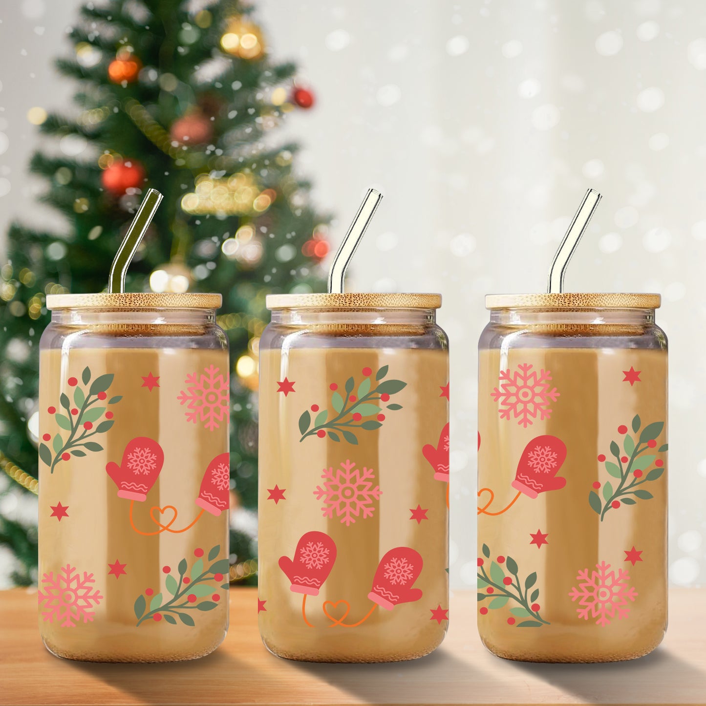 Christmas-Themed 16oz Glass Tumbler with Lid & Straw - Festive Snowflake, Glove & Tree Design - Perfect for Holiday Drinks, Coffee, Beer - Ideal Party Favor or Gift