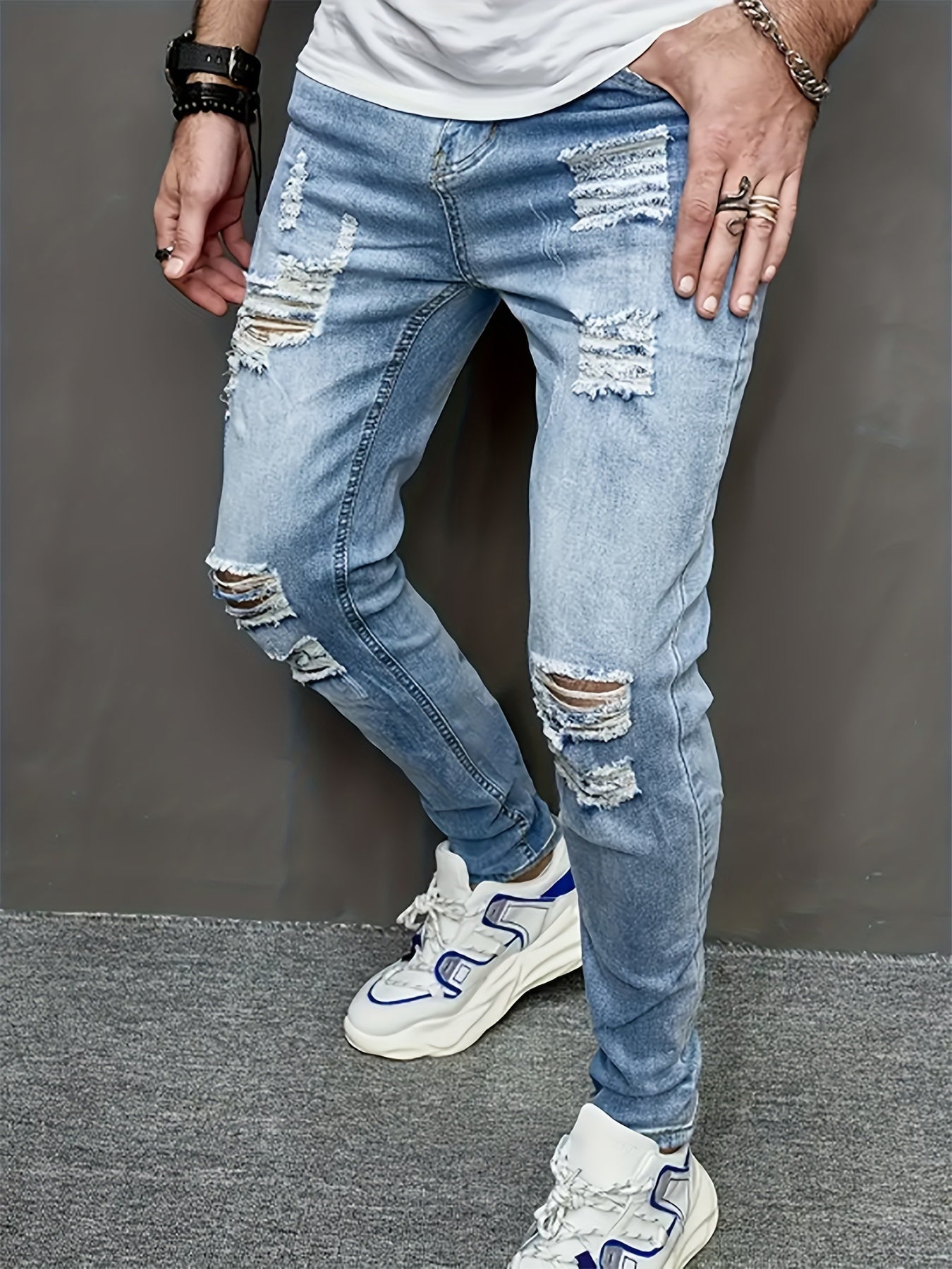 Men'S Ripped Denim Jeans - Casual Slim Fit with Medium Stretch, Woven Cotton Blend, All-Season Regular Length with Washed Details