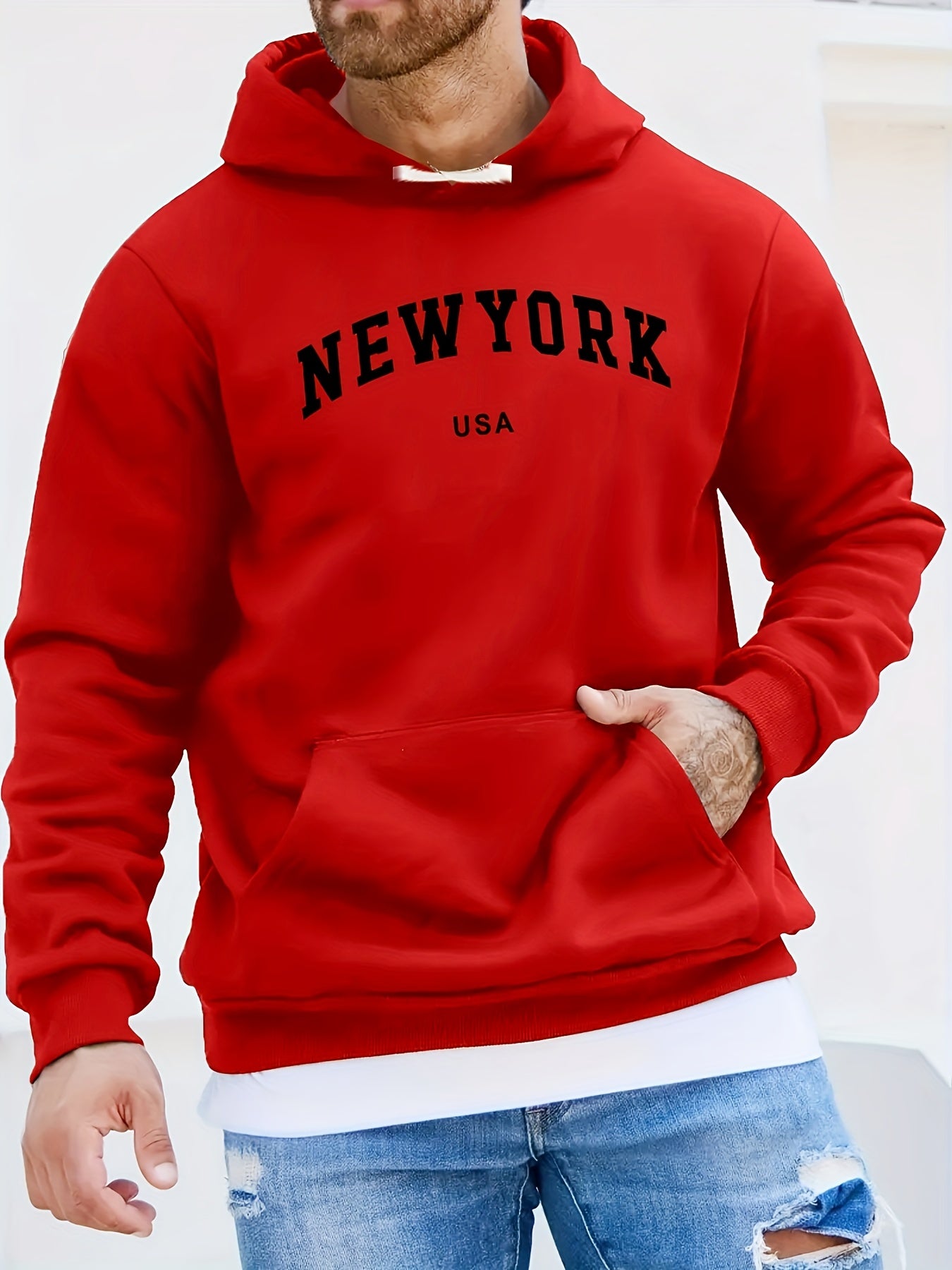 New York Print Kangaroo Pocket Hoodie, Casual Long Sleeve Hoodies Pullover Sweatshirt, Men's Clothing, For Fall Winter