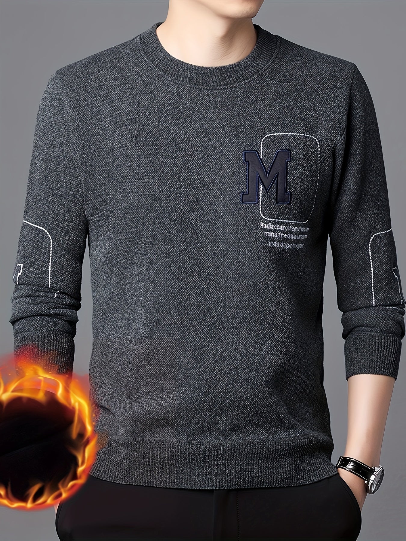Men's Winter Thickened Sweater with M Letter Pattern, Round Neck, Long Sleeve, Knitted Base Layer, Casual Style, Polyester Fabric, Regular Fit, No Belt, Winter Season, Embroidery Detail, Pullover Style, Regular Shape