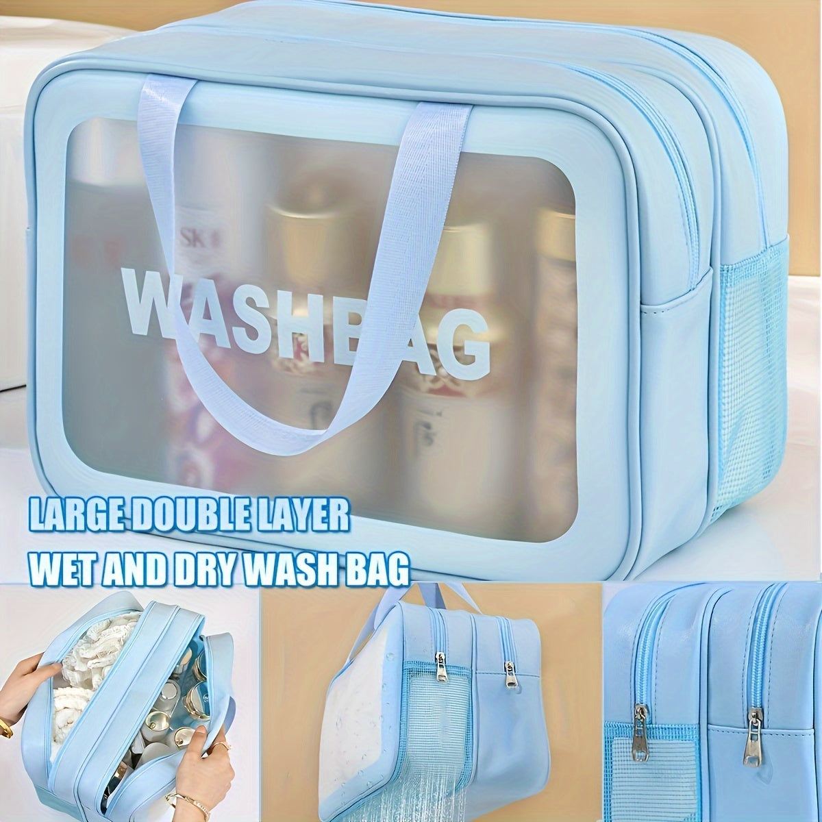 Convenient Travel Wash Bag - Large Double Layer PU Material with Zipper Closure and Mesh Side Pockets