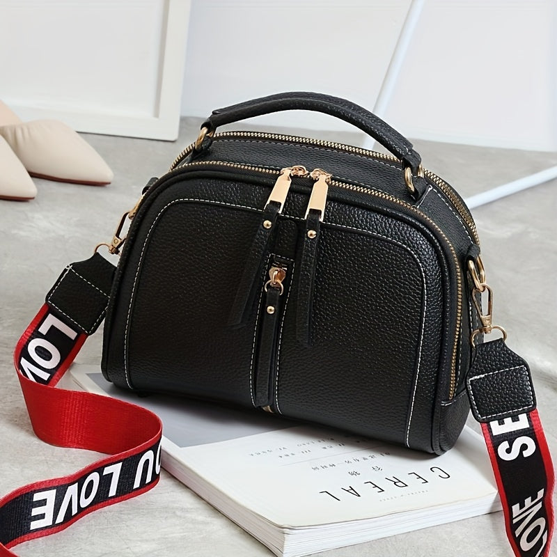 Women's Casual Faux Leather Shoulder Bag with Adjustable Strap, Stain Resistant, Zipper Closure, Solid Color, Polyester Lined, Random Print - Trendy Ins Style Crossbody Bag