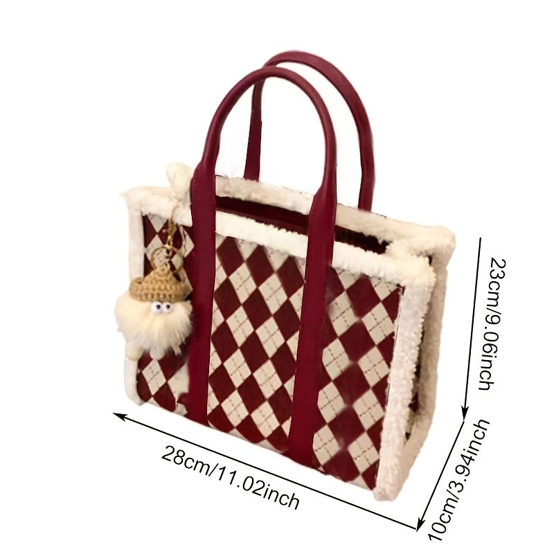 1pc Fashion Checkered Tote Bag for Women, Faux Leather with Faux Fur Trim, Large Capacity, Zipper Closure, Polyester Lined, Elegant Commuter Handbag