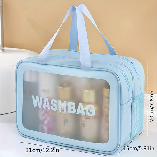 Convenient Travel Wash Bag - Large Double Layer PU Material with Zipper Closure and Mesh Side Pockets