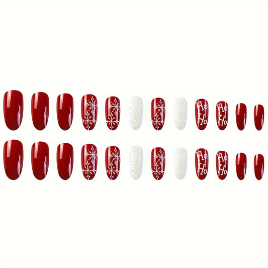 24pcs Long Almond Drop Shape Press-On Nails Set, Christmas Snowflake Design, Mixed Color, Glossy Finish, Removable with Jelly Glue, Includes Nail File