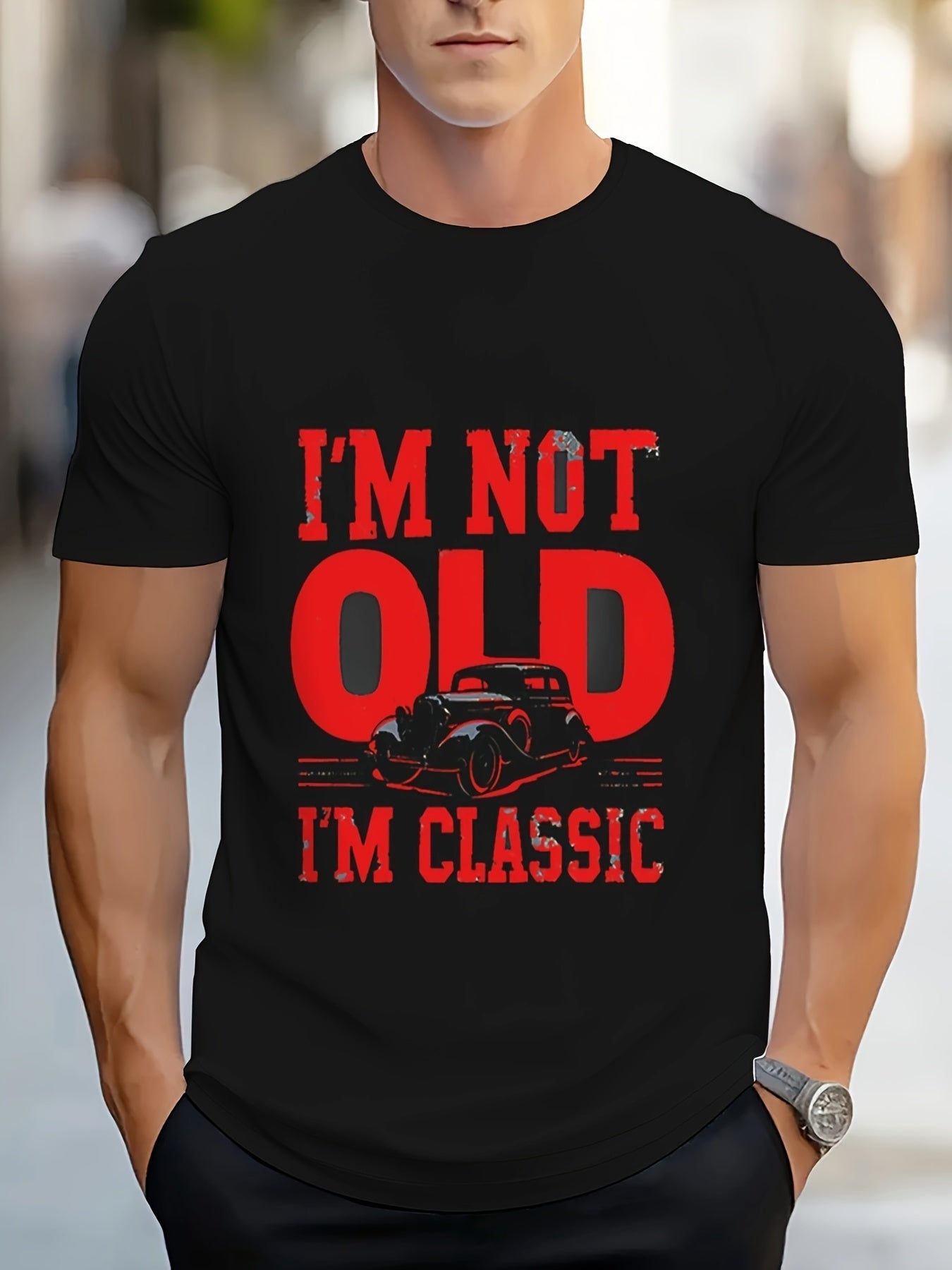 Men's Casual Novelty T-Shirt, Polyester, Geometric Pattern, Regular Fit, Crew Neck, Stretch Fabric, Vintage Car Design, Classic Style Tee