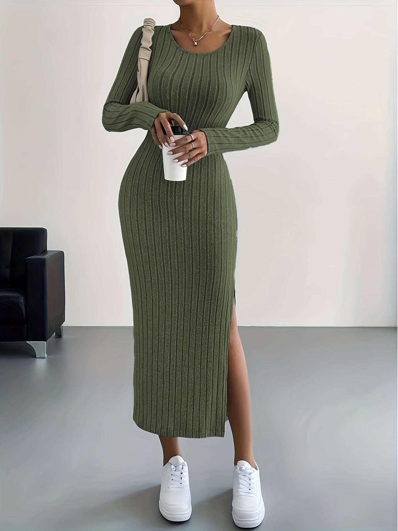 Ribbed Knit Long Sleeve Dress, Casual Crew Neck Split Hem Slim Dress, Women's Clothing