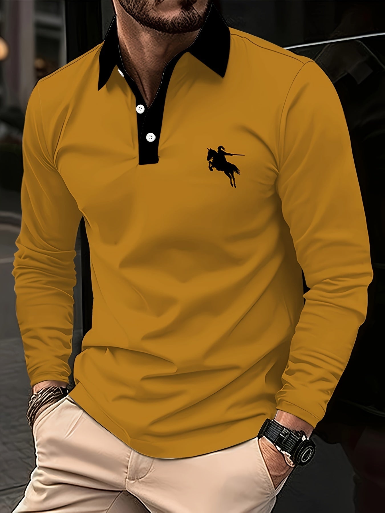 Men's Trendy Solid Color Shirt with Horse Print - Casual Long Sleeve, Button-Up Collar for Golf & Spring/Fall