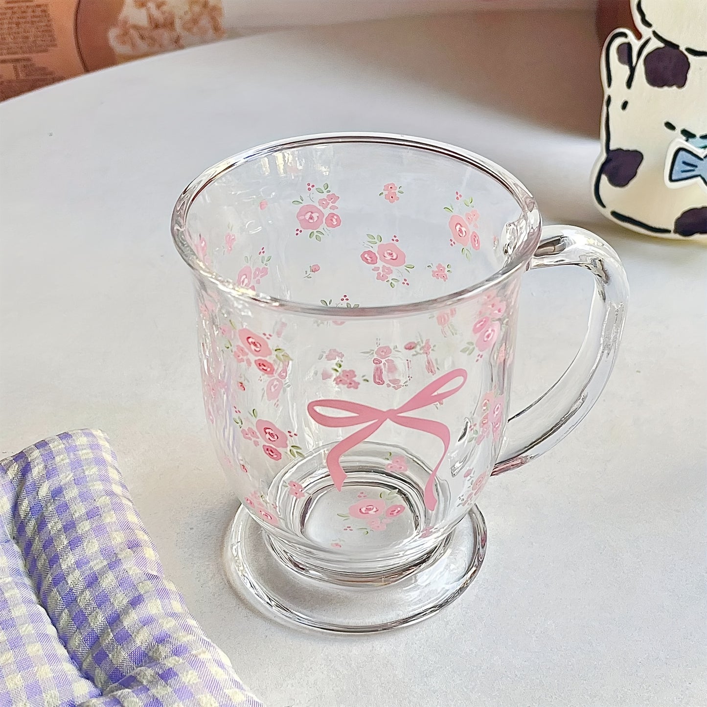 Reusable Glass Coffee Mug with Handle - 450ml French Rose Bow Pattern, Multipurpose Breakfast Cup for Milk, Coffee, Juice - Hand Wash Only, Recyclable Material, Ideal for Christmas, Thanksgiving, Valentine's Day, Mother's Day & Graduation