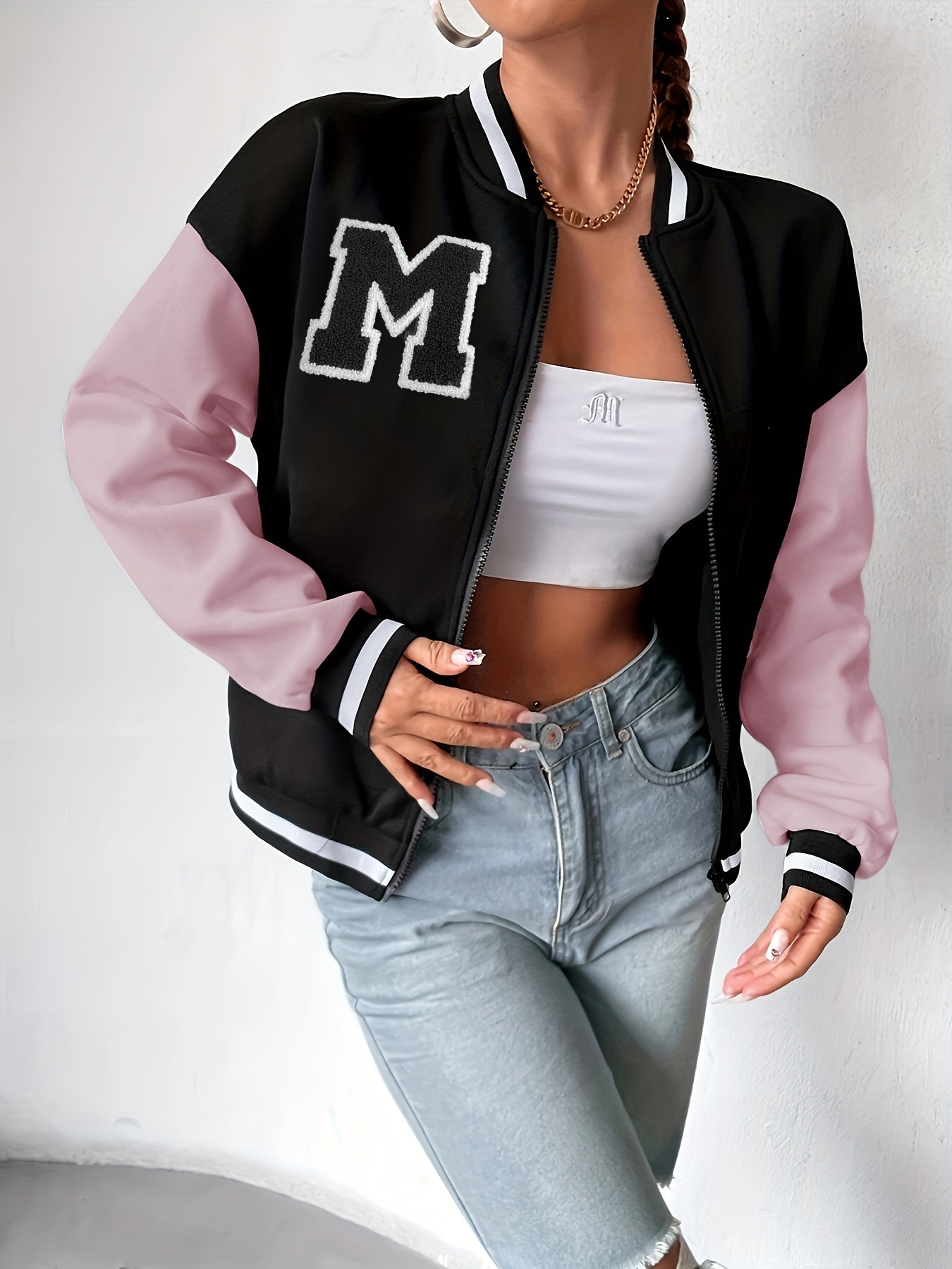 Contrast Trim Letter Pattern Jacket, Casual Zip Up Drop Shoulder Color Block Bomber Jacket, Women's Clothing