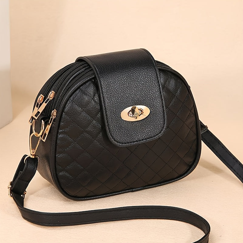 1pc Quilted Crossbody Bag, Casual & Chic Style PU Leather Bag, Round Shoulder Bag With Embroidery Detail