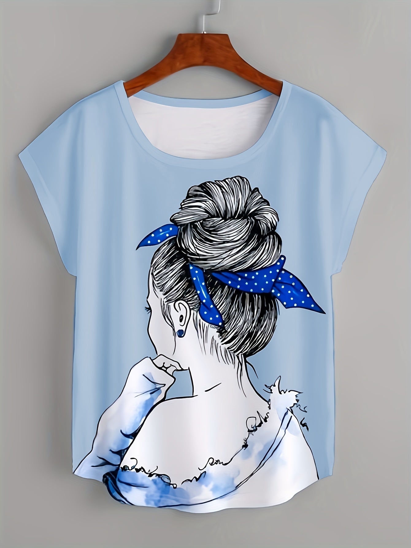Portrait Print T-shirt, Casual Short Sleeve Crew Neck Top For Spring & Summer, Women's Clothing