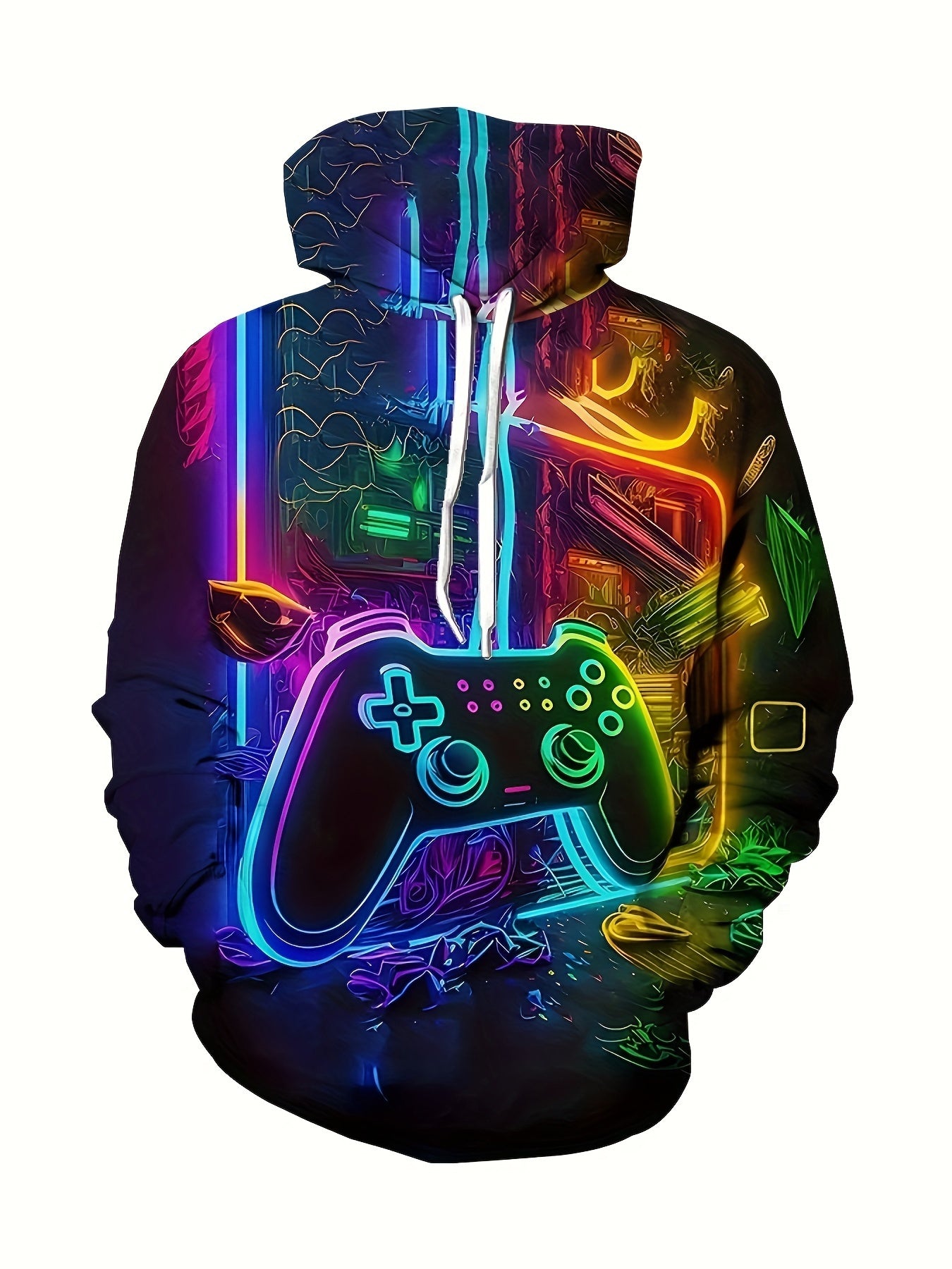 Cyberpunk Style Gamepad Digital Print Men's Street Hooded Sweatshirt With Drawstring And Pocket, Fall Winter Hoodie, As Gifts