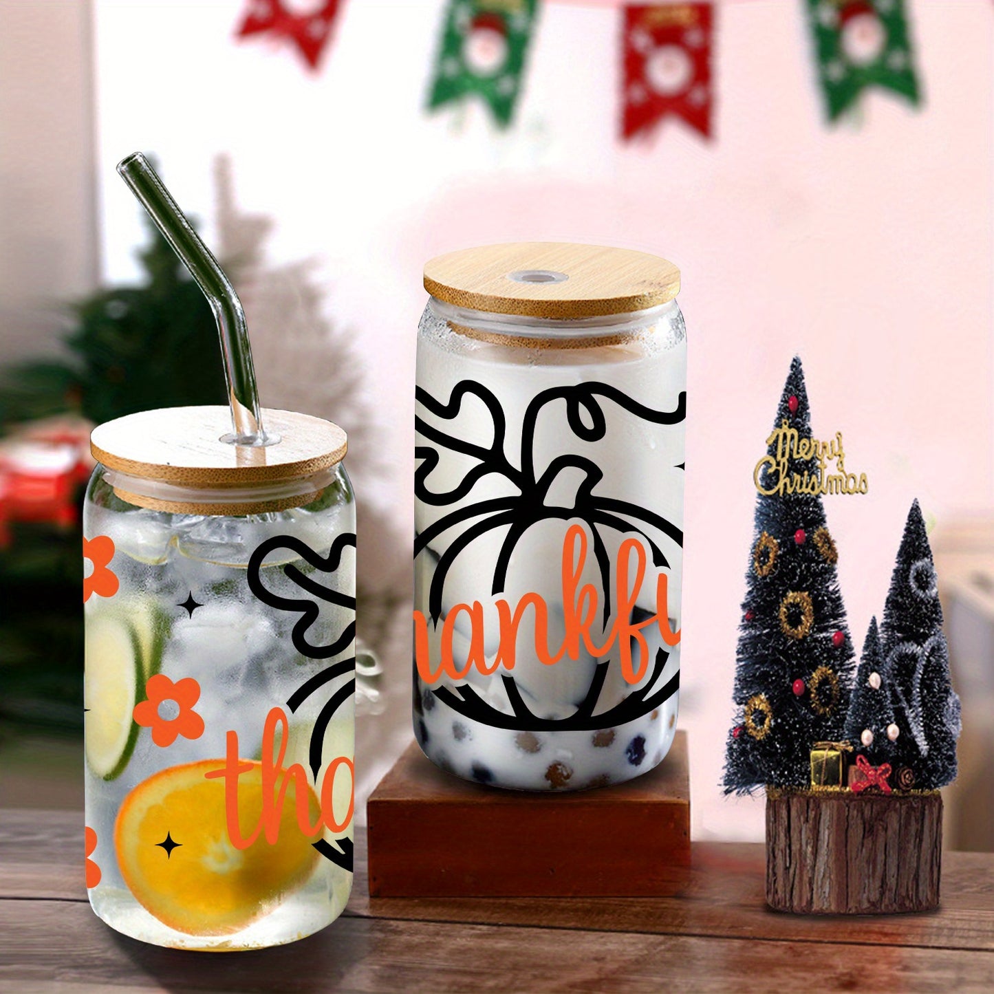 Thanksgiving 16oz Glass Tumbler with Lid & Straw - Pumpkin & Floral Design, Perfect for Beer, Soda, Coffee - Ideal Holiday Gift for Christmas, Valentine's Day