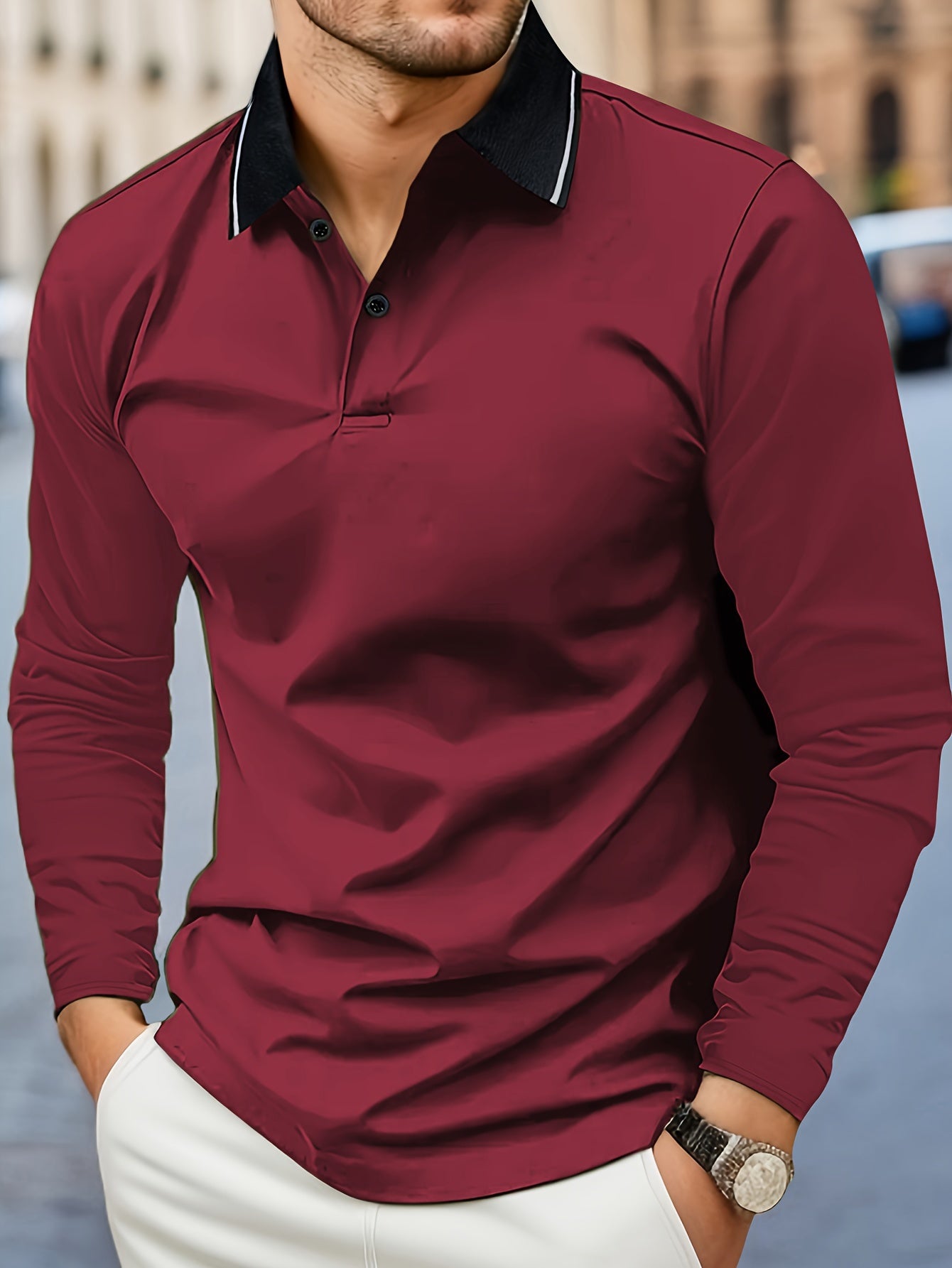 Men's Casual V-Neck Long Sleeve Rugby Shirt For Spring Autumn, Men's Clothing