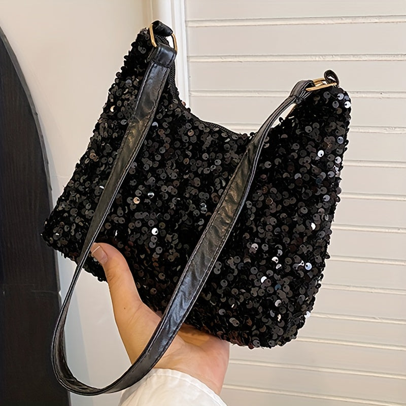 Women's Sequin Shoulder Bag, Casual Style, Black Nylon, No Wash, Solid Color, Adjustable Strap, Zipper Closure, Polyester Lining, Lightweight, Fashionable Korean Trend, Versatile Handbag for Ladies