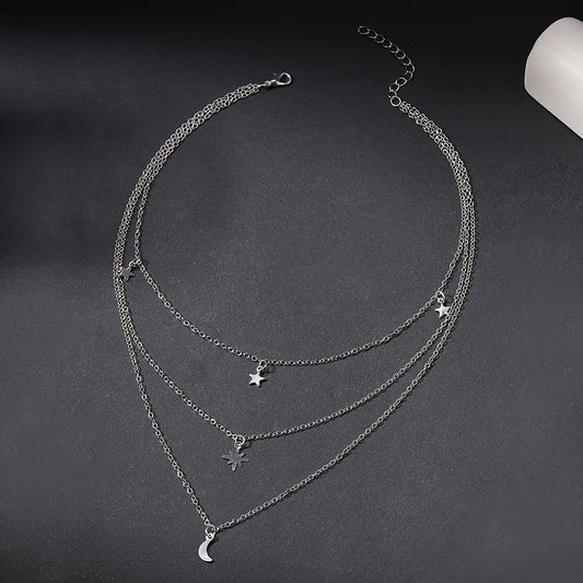 Multilayer Alloy Star Pendant Moon Stacking Necklace Silver Color Jewelry For Women