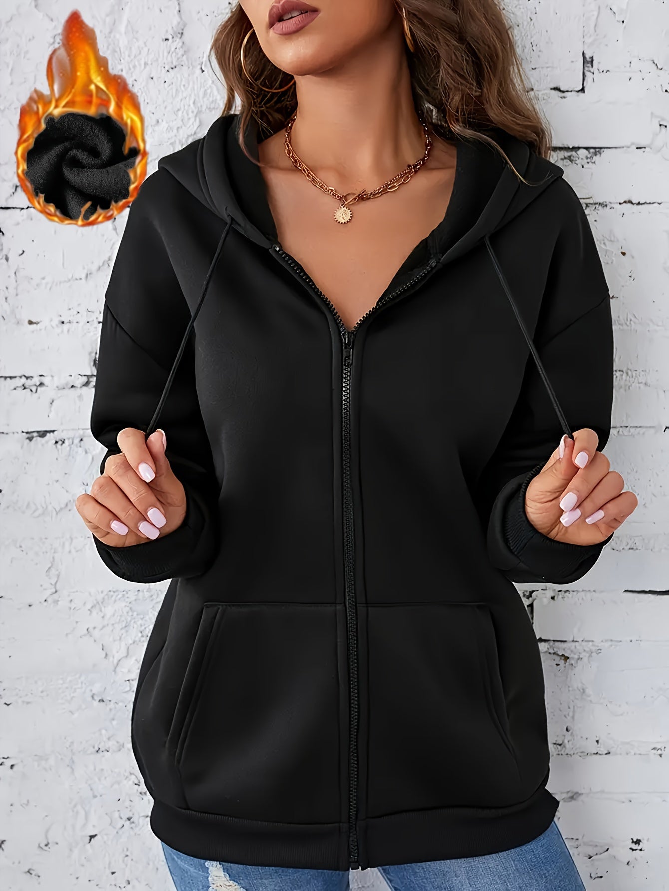 Women's Hooded Sweatshirt, Solid Color, Long Sleeve, Full Zipper, Women's Activewear