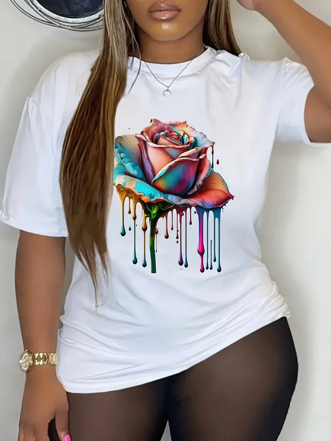 Rose Print Crew Neck T-shirt, Casual Short Sleeve Tee For Spring & Summer, Women's Clothing