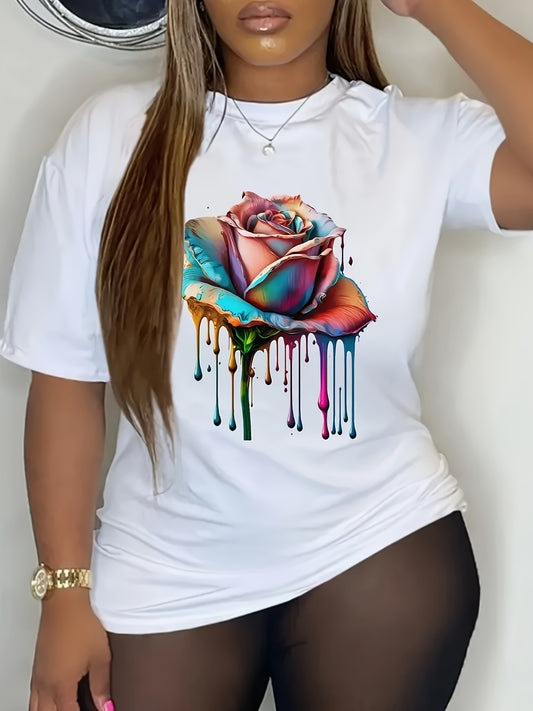Rose Print Crew Neck T-shirt, Casual Short Sleeve Tee For Spring & Summer, Women's Clothing