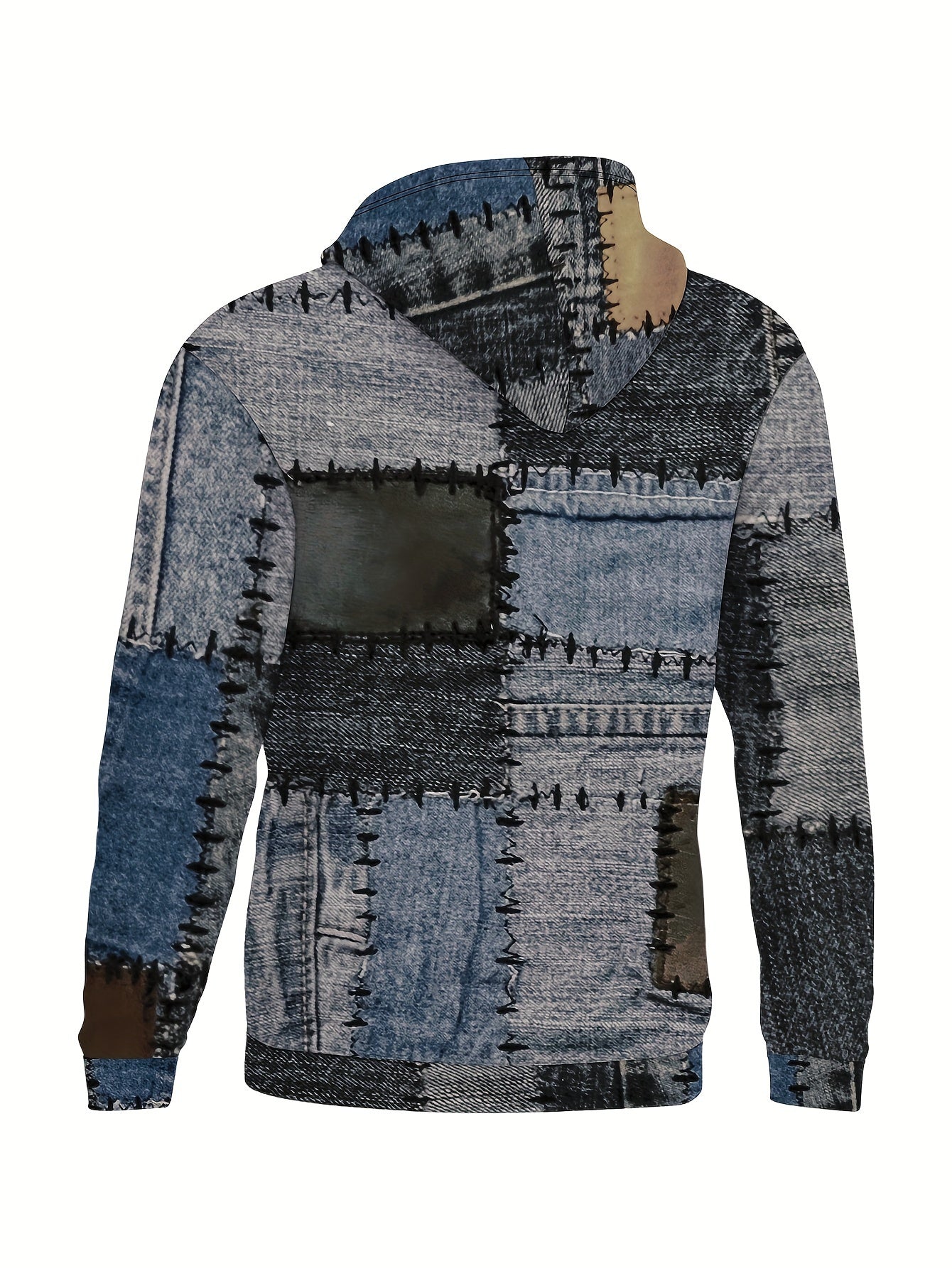 Men's Novelty Hoodie with Unique Patchwork Design, Geometric Print & Kangaroo Pocket - Casual Pullover Sweatshirt