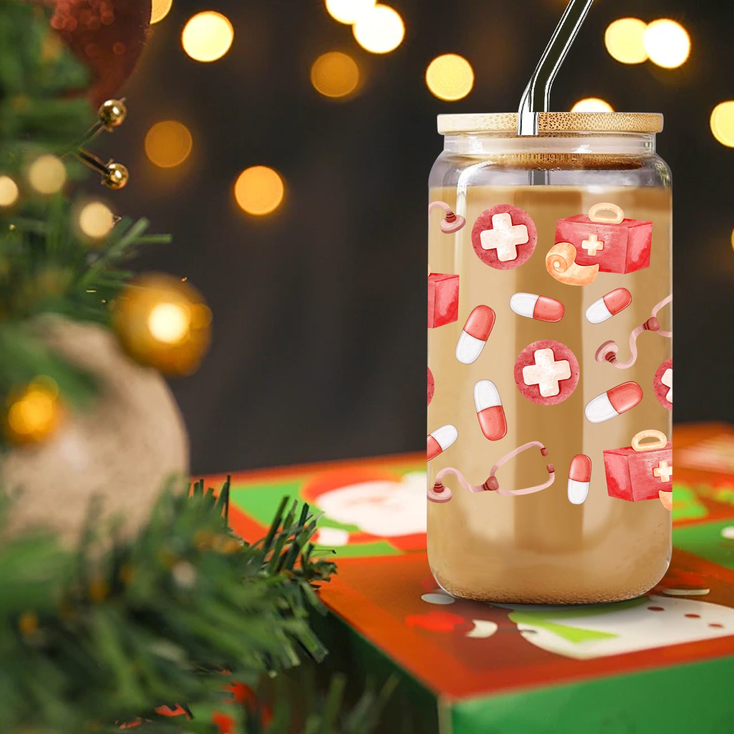 16oz Festive Glass Tumbler with Lid & Straw - UV Printed Stethoscope & Pill Design, Perfect for Iced Coffee & Holiday Drinks, Reusable & Sustainable, Ideal Gift for Christmas & More