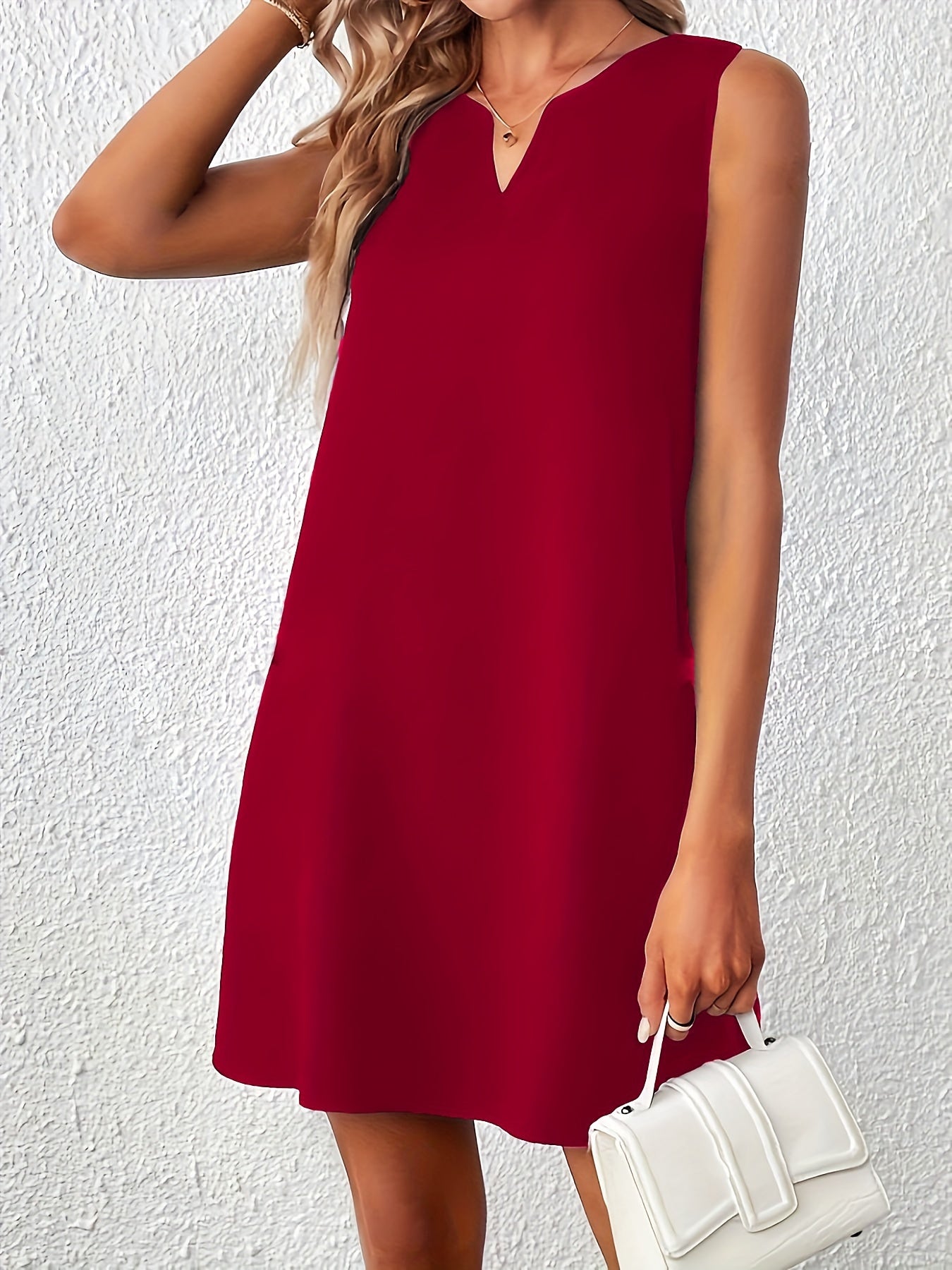 Notched Neck Plain Color Tank Dress, Elegant Sleeveless Loose Dress For Spring & Summer, Women's Clothing