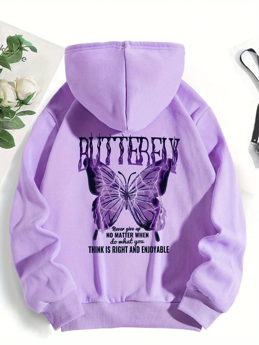 1pc Y2K Letter Butterfly Print Hoodie Vintage Style with Drawstring And Front Print, Long Sleeve Polyester Knit Fabric for Casual Sports Wear