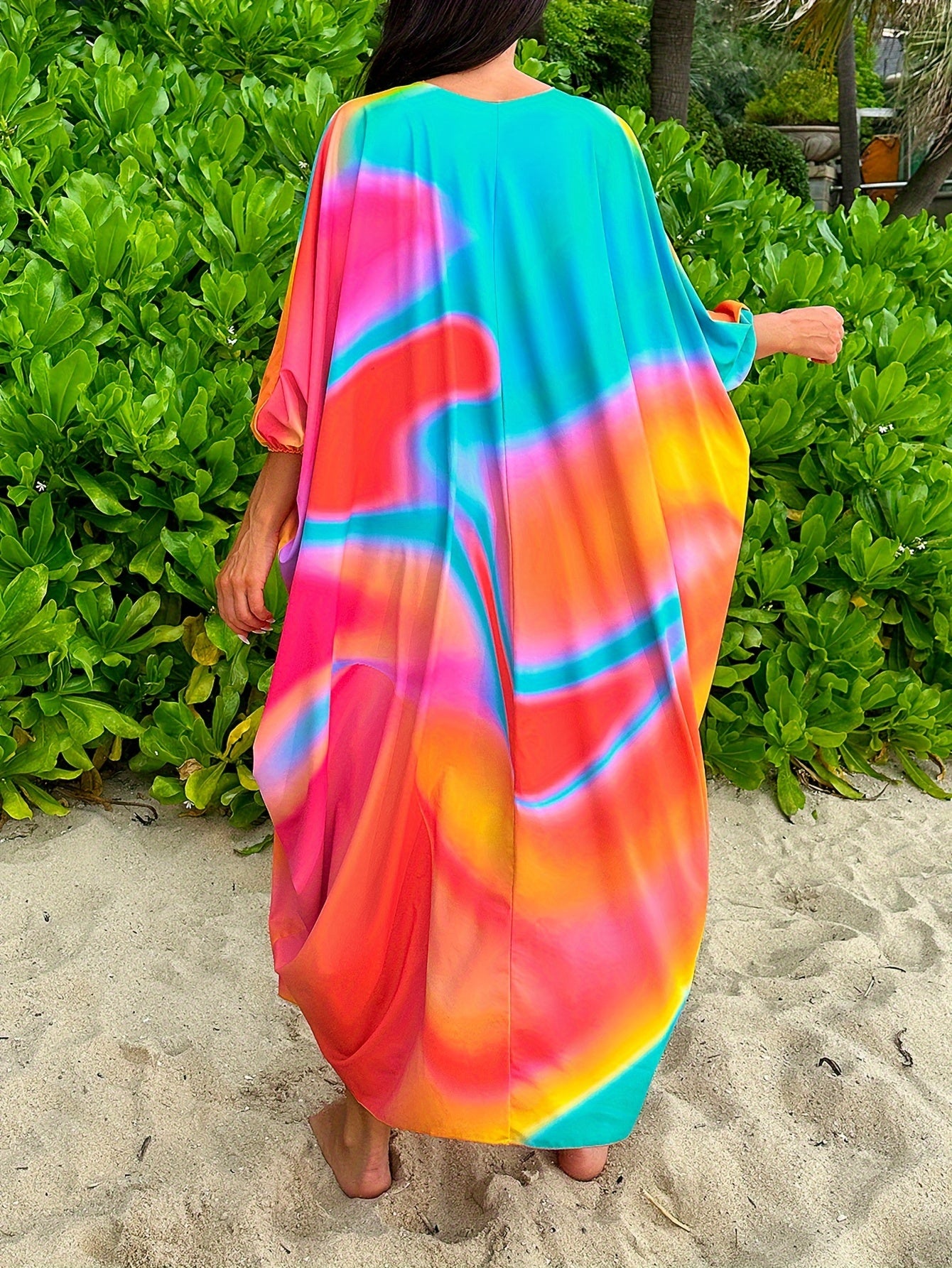 Women's Elegant Cover Up, Plus Size Colorful Ombre Print Round Neck Maxi Batwing Sleeve Maxi Beach Kaftan Dress