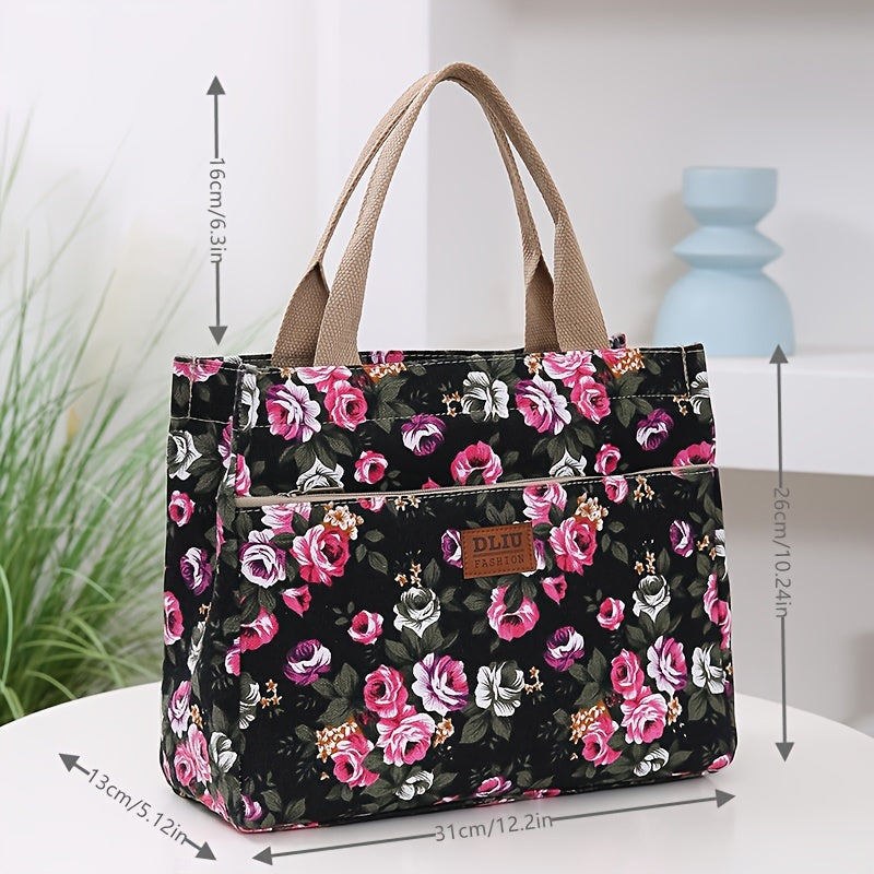 Fashion Floral Print Tote Bag, Portable Canvas Lunch Bag, Women's Casual Handbag For Picnic Travel