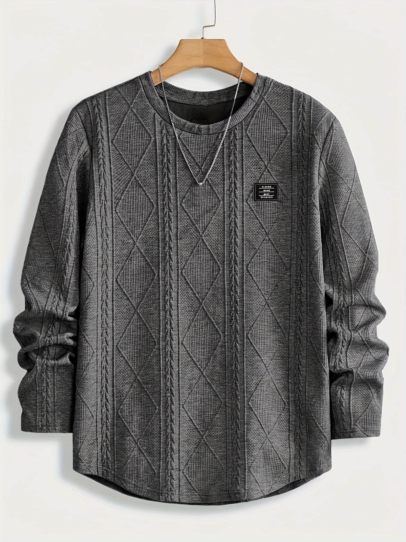 Men's Casual Crew Neck Long Sleeve Sweatshirt with Geometric Pattern - 100% Polyester Knit Fabric with Slight Stretch - Regular Fit Fashion Pullover