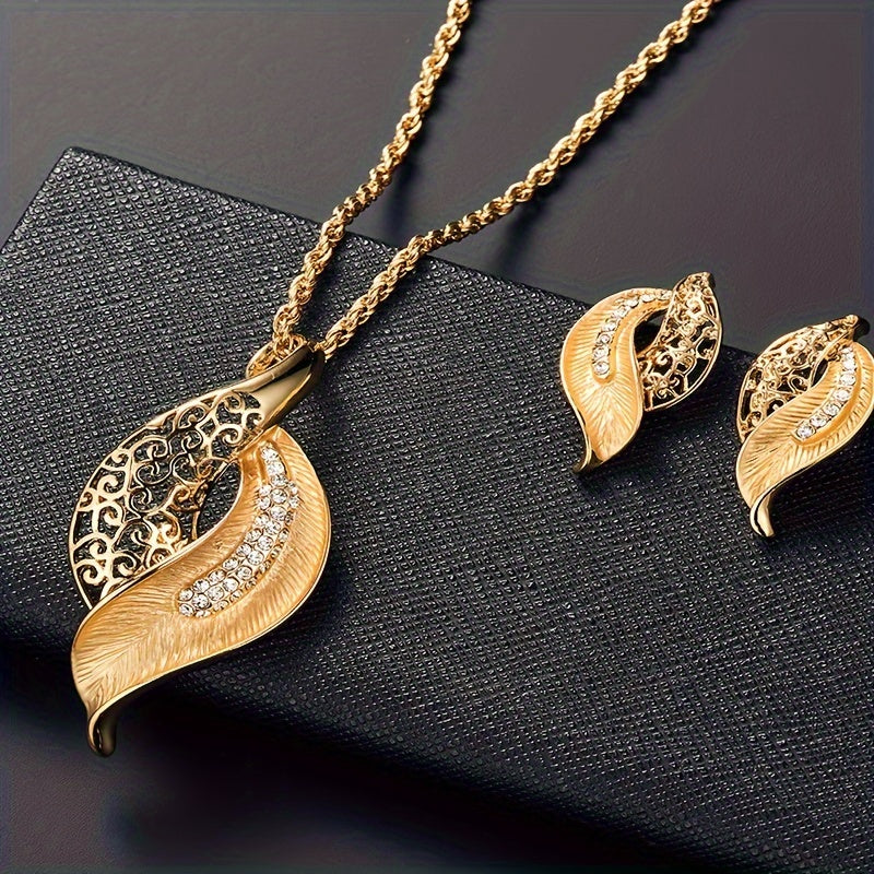 Hollow Out Leaf Shaped Rhinestone Necklace Earrings Jewelry Set For Men, Ideal choice for Gifts