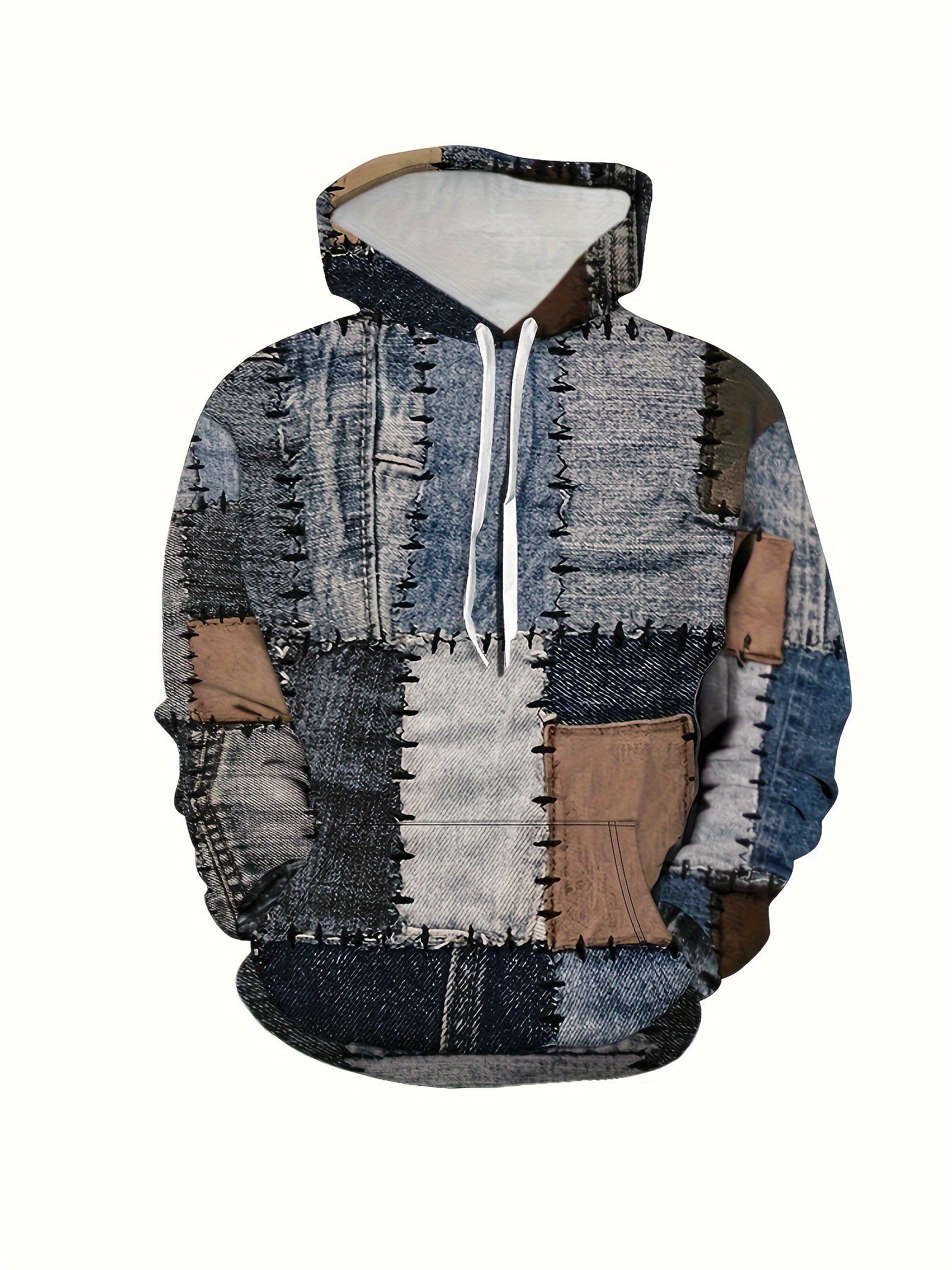 Men's Novelty Hoodie with Unique Patchwork Design, Geometric Print & Kangaroo Pocket - Casual Pullover Sweatshirt