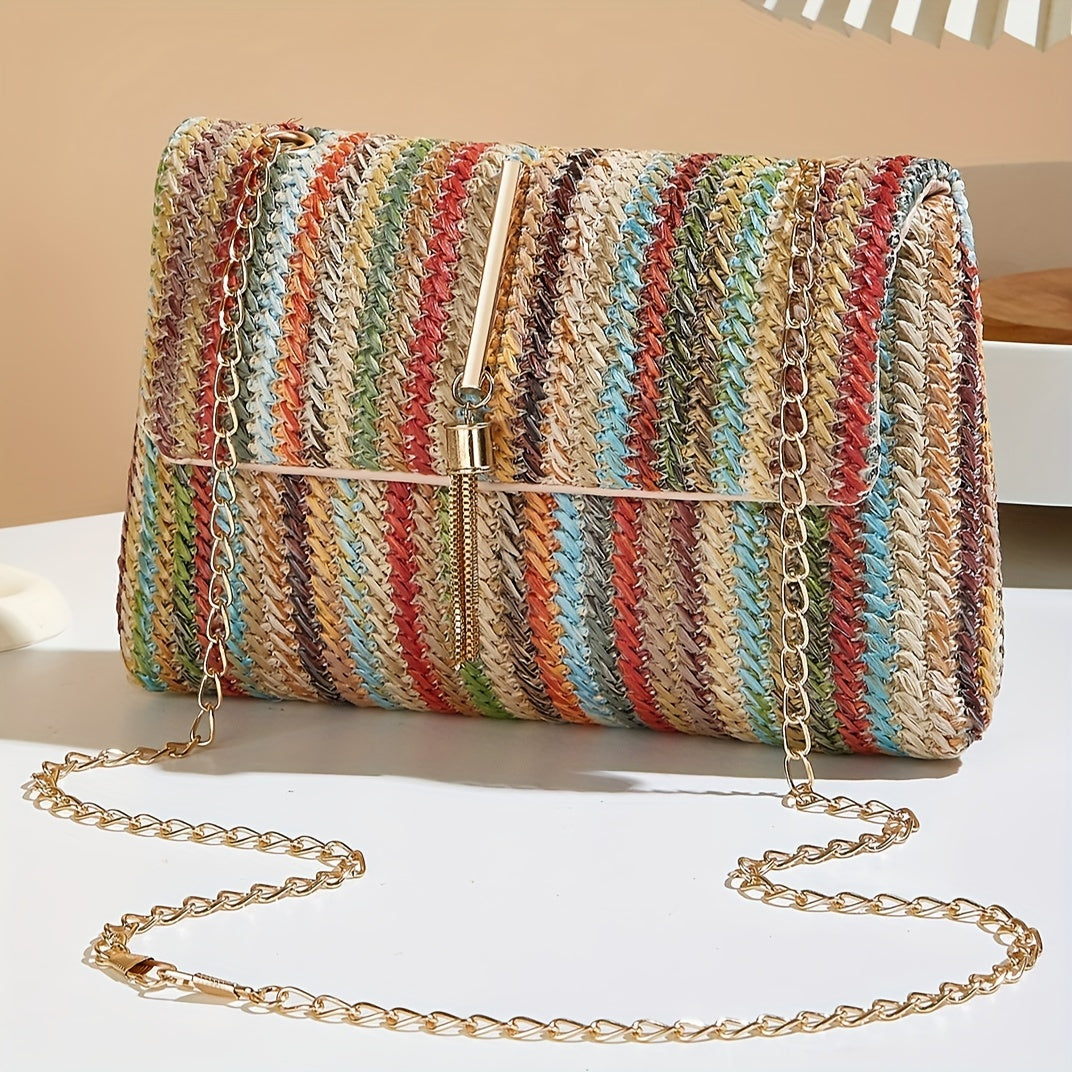 Chic Rainbow Stripe Straw Crossbody Bag for Women - Adjustable Shoulder Strap, Magnetic Closure, Tassel Accent, Fashionable Square Purse