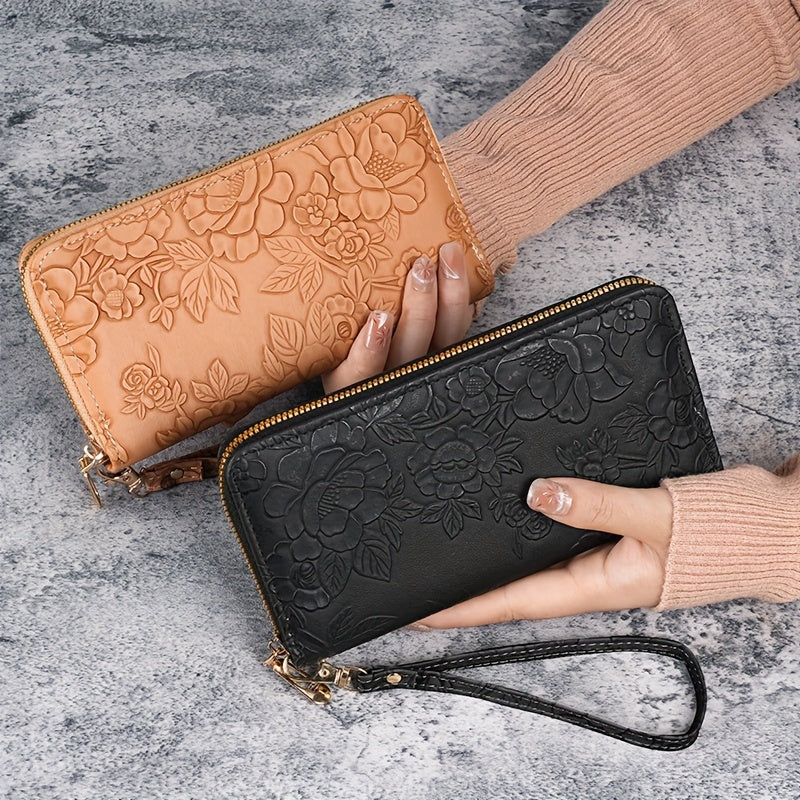 Floral Embossed Faux Leather Wallet For Women, Large Capacity Zippered Clutch With Card Slots And Phone Pocket, Wrist Strap Clutch Coin Purse