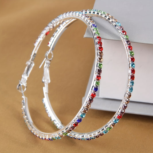 2pcs Bohemian Style Colorful Rhinestone Hoop Earrings Set, Simple Fashion Round Circle Ear Hoops, /Silver Plated Jewelry for Women