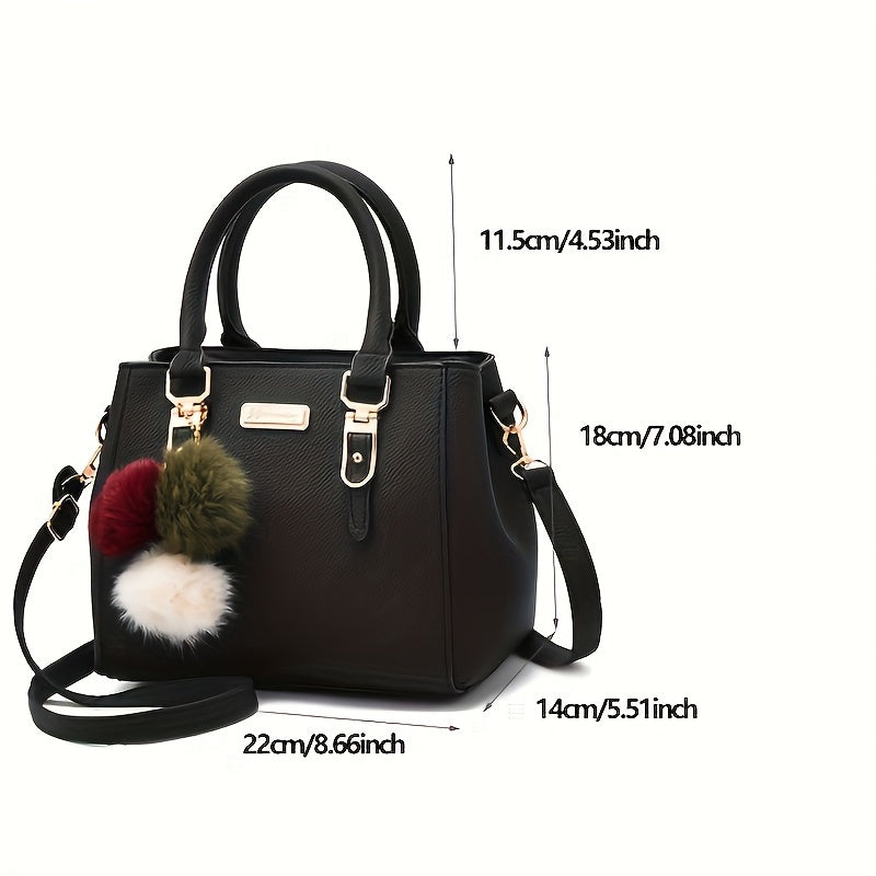 Chic Black Faux Leather Handbag with Pompom Charm - Versatile Crossbody & Shoulder Bag for Women, Perfect for Travel & Casual Outings